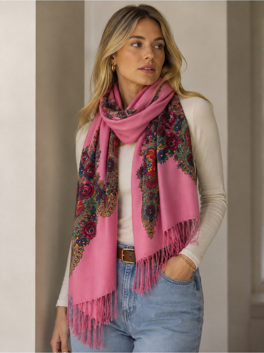 Vintage Pink Floral Paisley Fringe Scarf - Women's Accessory